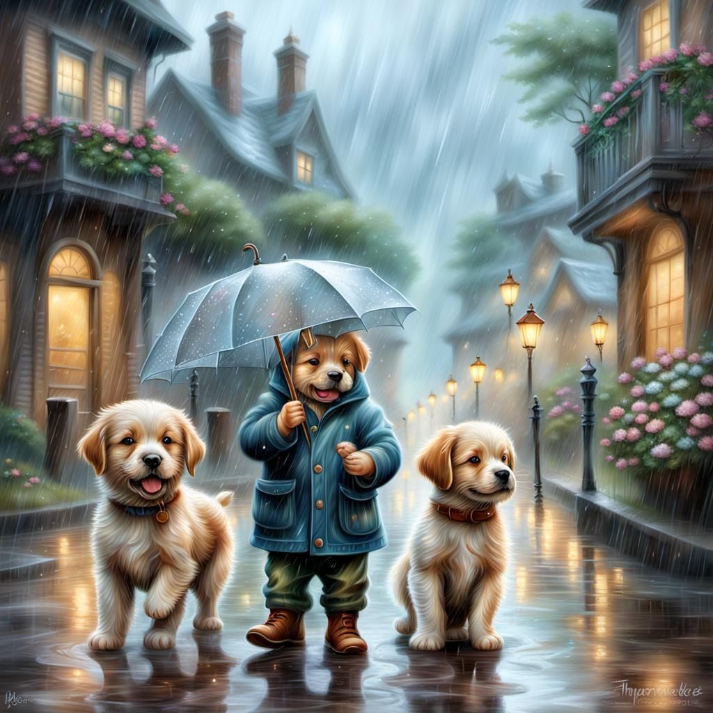 Babies and Puppies Playing in Ethereal Rain