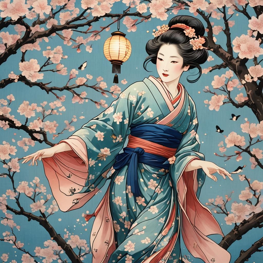 Japanese Fairy in Ukiyo-e Style with Cherry Blossoms
