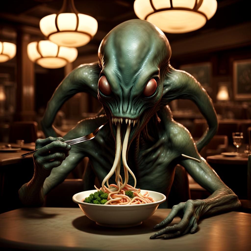 Happy Alien Enjoys Tentacle Meal in Sci-Fi Restaurant