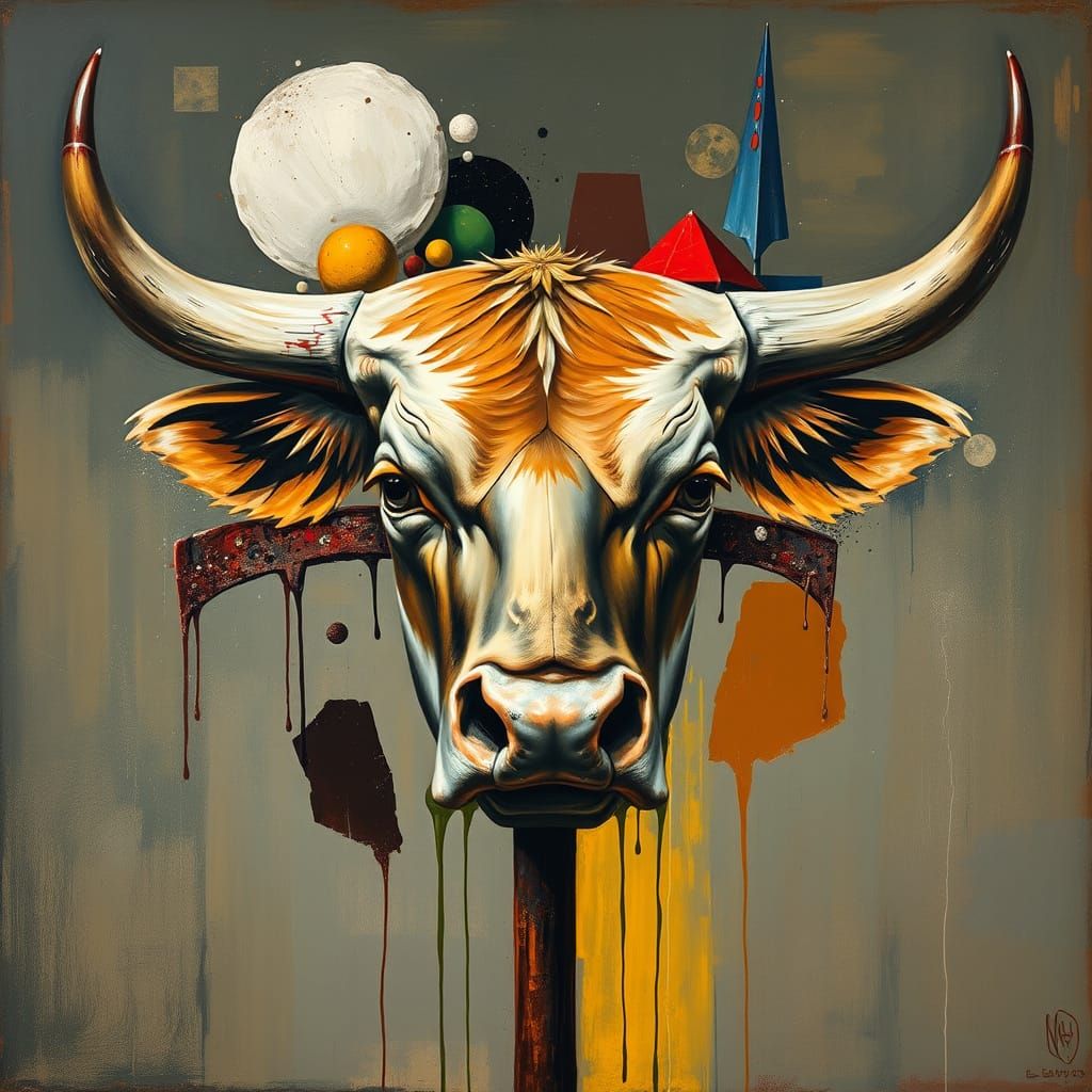 Surreal Bull Face Merged with Rusty Rake, Dreamlike Atmosphe...
