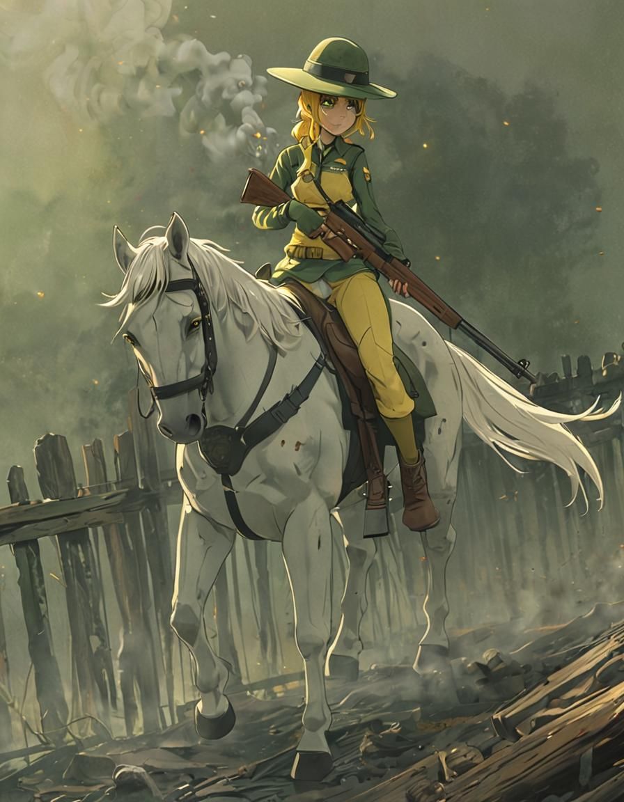Anime Girl on Horseback in Smoky Battlefield