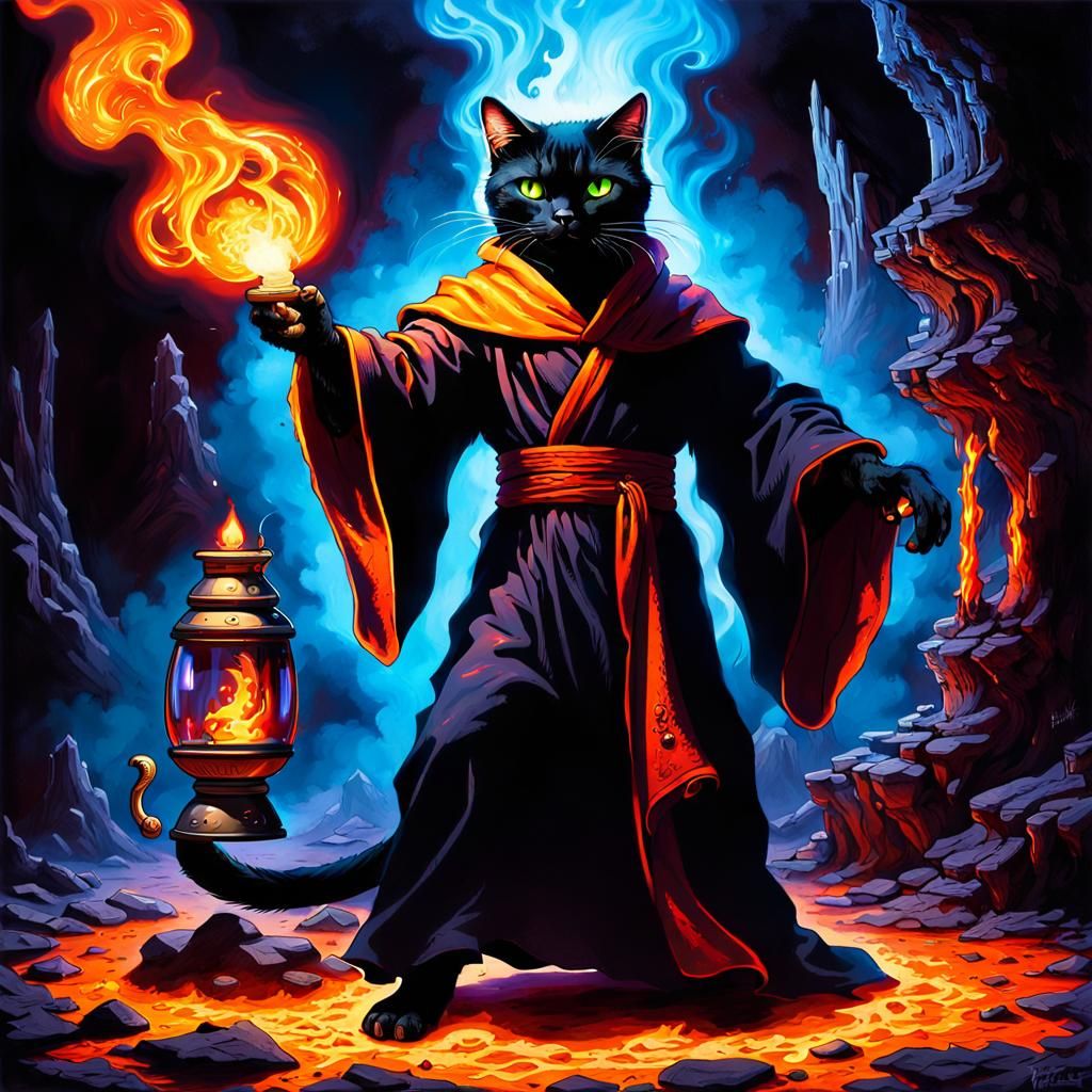 Sorcerer Black Cat Conjures Fireball in Fantasy Art