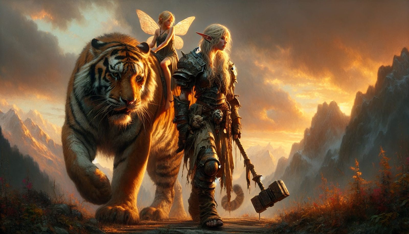 Fatigued Warrior and Majestic Tiger on Sunset Mountain Trail