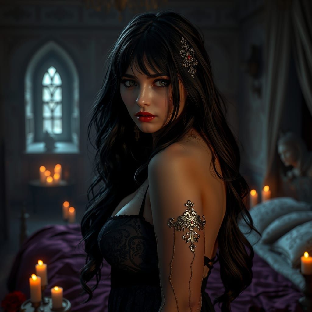 Gothic Vampire in Ruined Chamber, Alma Tadema Style