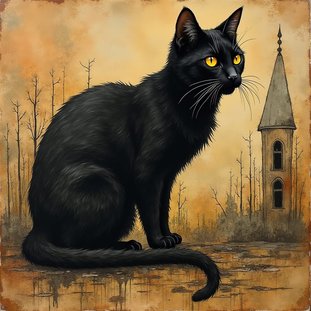 Abstract Black Cat on Tea-Stained Parchment