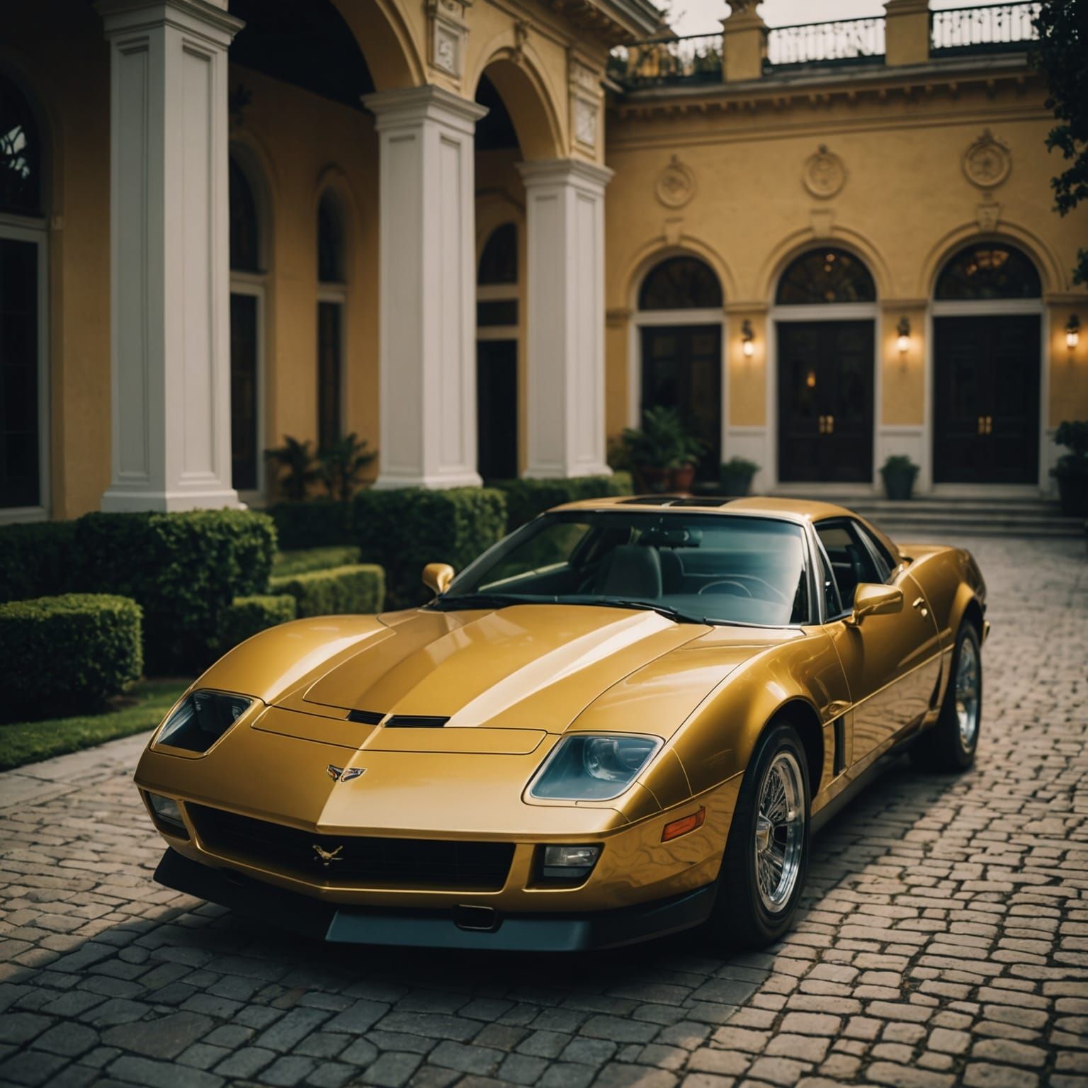 Gold Corvette at a Mansion: Cinematic Film Still