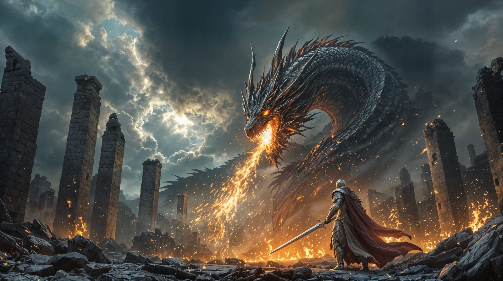 Epic Confrontation Between Knight and Dragon in Ancient Ruin...