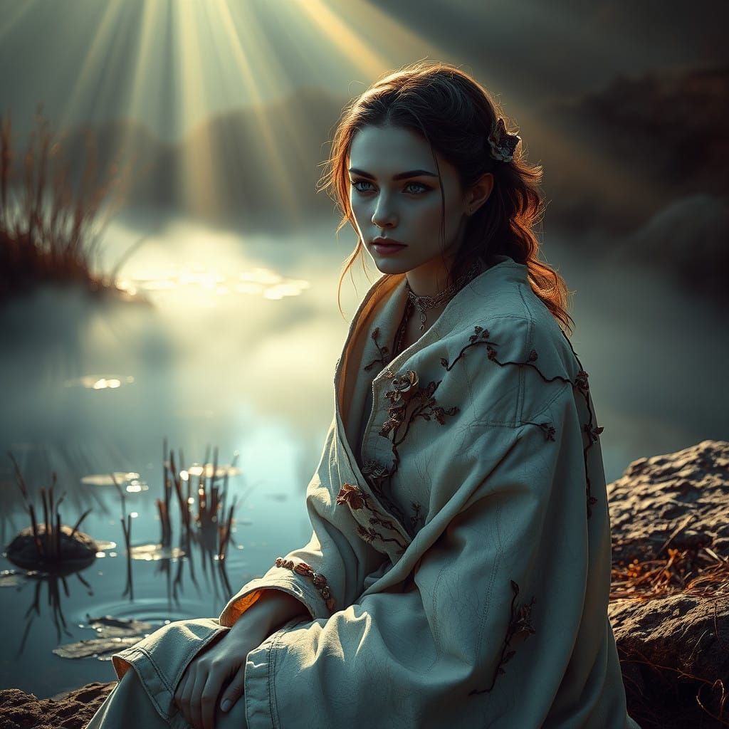 Surreal Woman in Mystical Landscape, in Cyberpunk Surrealist...