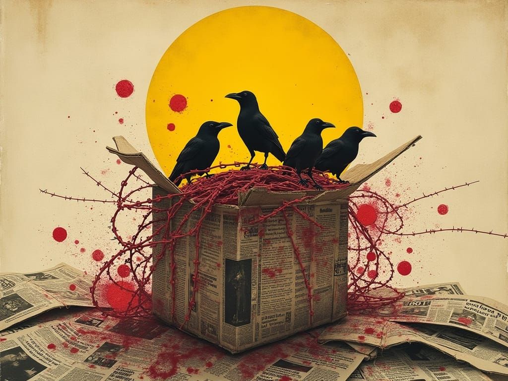 Surreal Collage of Crows and Barbed Wire