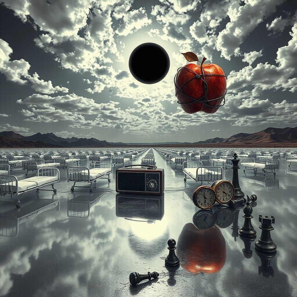 Surreal Hyper-Realistic Landscape with Hospital Beds Walking...