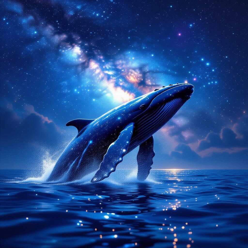 Humpback Whale Breaching in Bioluminescent Starlit Ocean