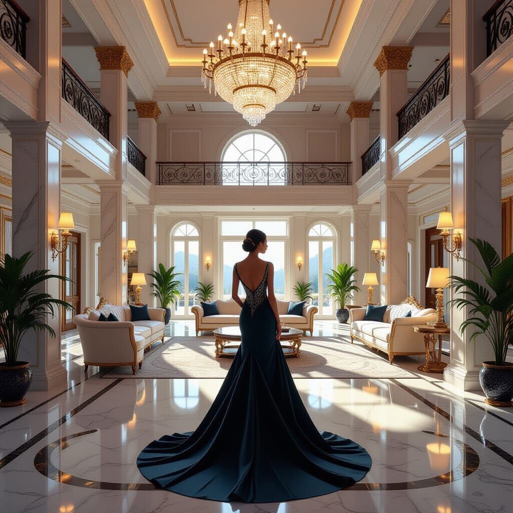 Luxurious Woman in Gown in Opulent Mansion