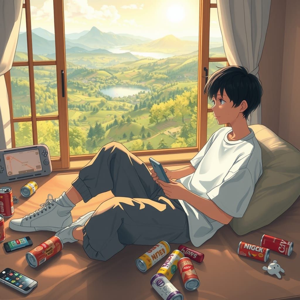 Boy Gaming, Ignoring Phone, Anime Style Countryside