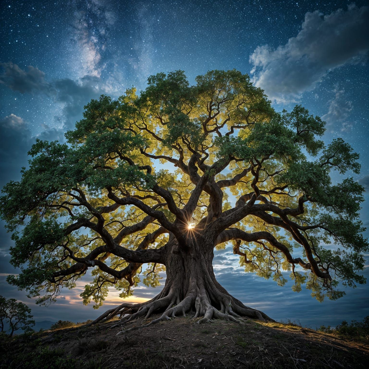 Fantasy Oak Tree Under a Starry Sky