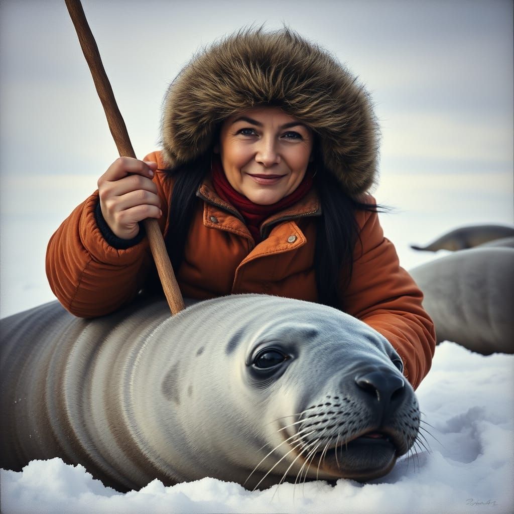 Inuit Woman Seal Hunting in Arctic Landscape