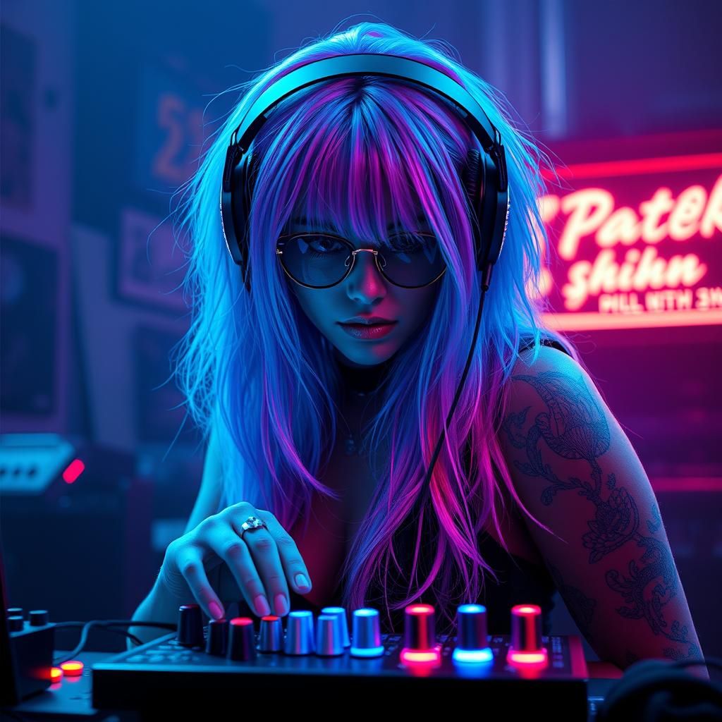 Cyberpunk Woman Mixing Music with Neon Braids
