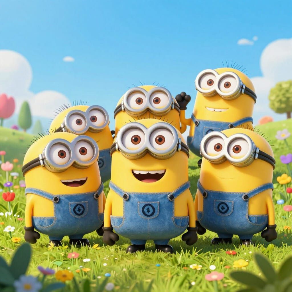 Cheerful Minions Play in a Vibrant Cartoon Meadow