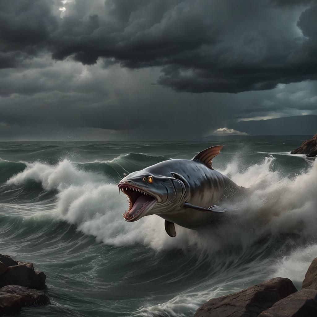 A hyperrealistic 8k photo of a giant catfish, leaping out of...