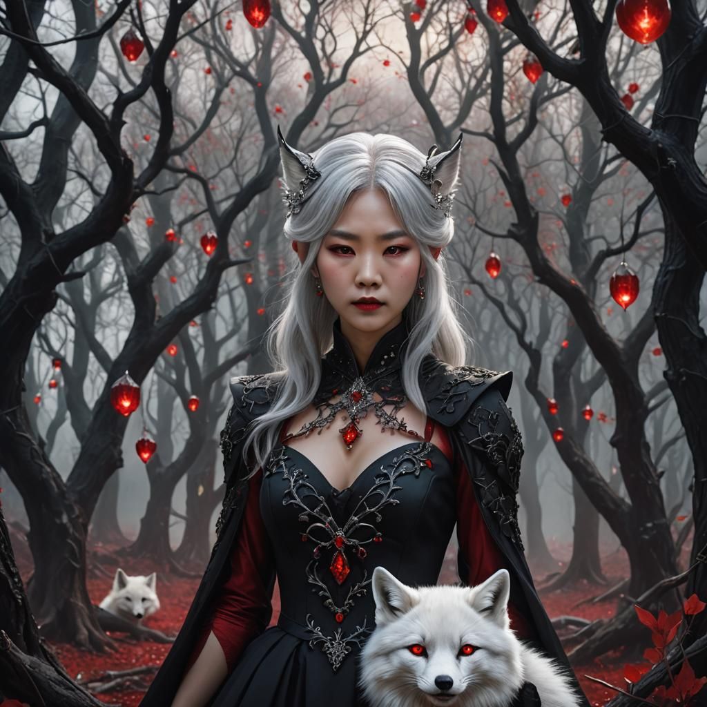 Korean Vampire Queen with Fox Ears in Gothic Fantasy Style
