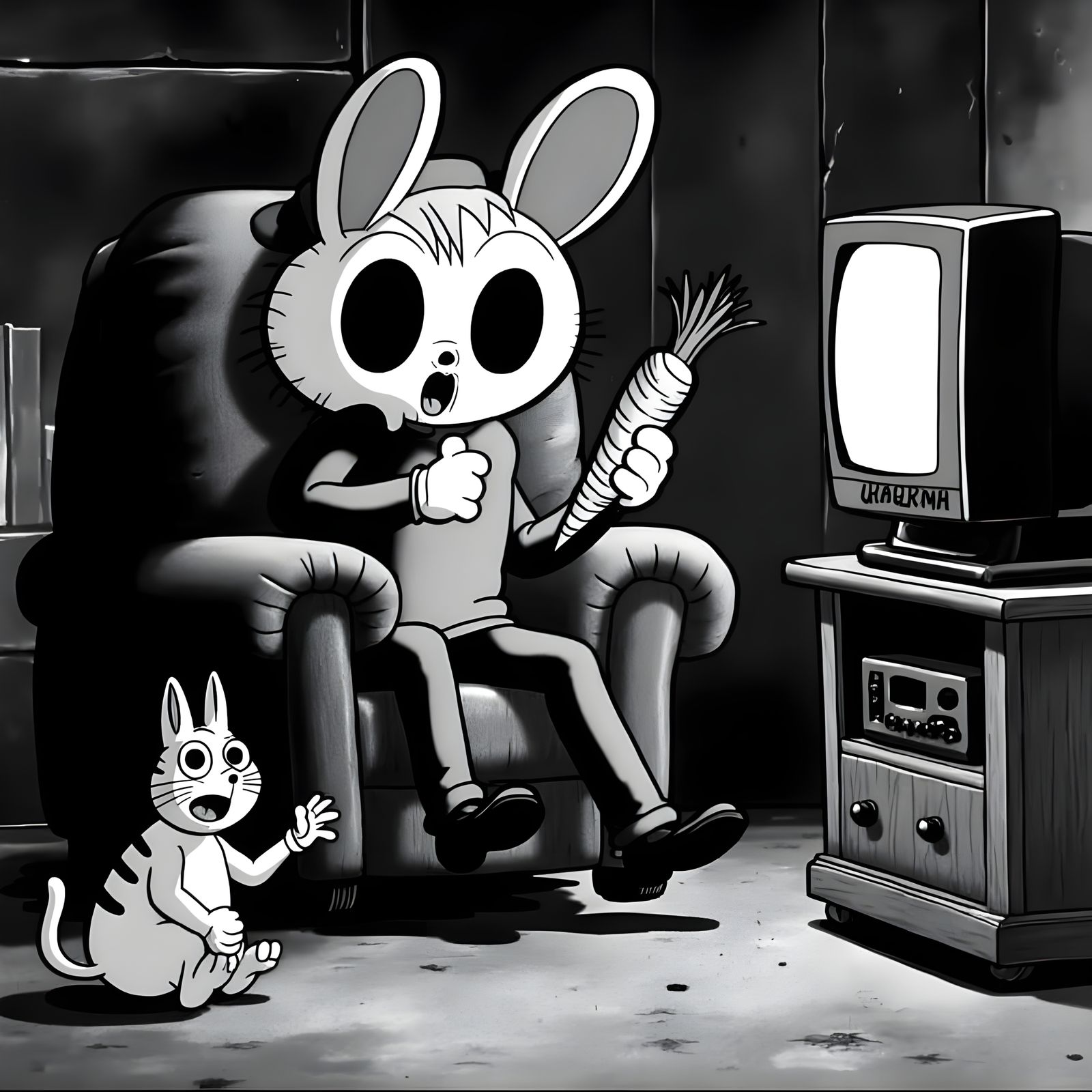 Man in 1930s Cartoon Style Watching TV with Cats Playing Mus...