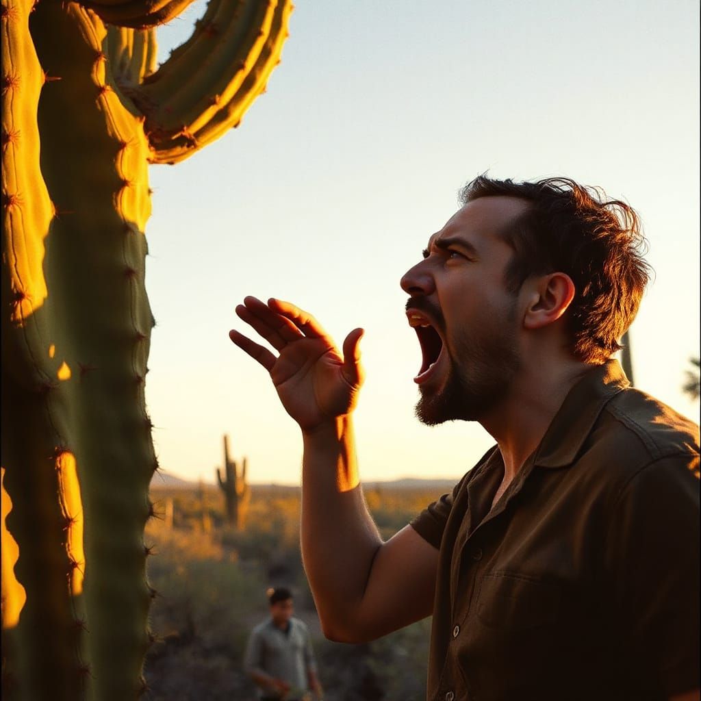 Cinematic Portrait of a Man Confronting a Prickly Landscape