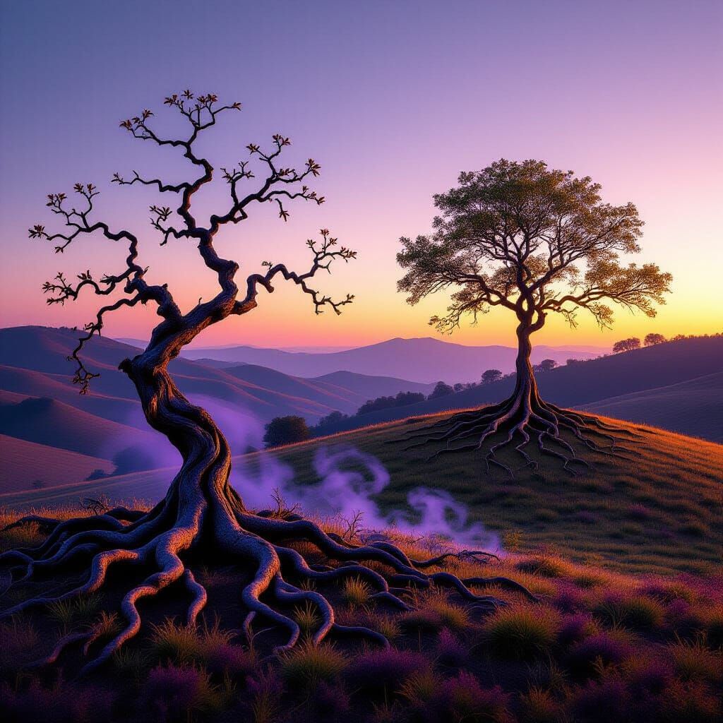 Contrasting Trees on Hill at Golden Hour