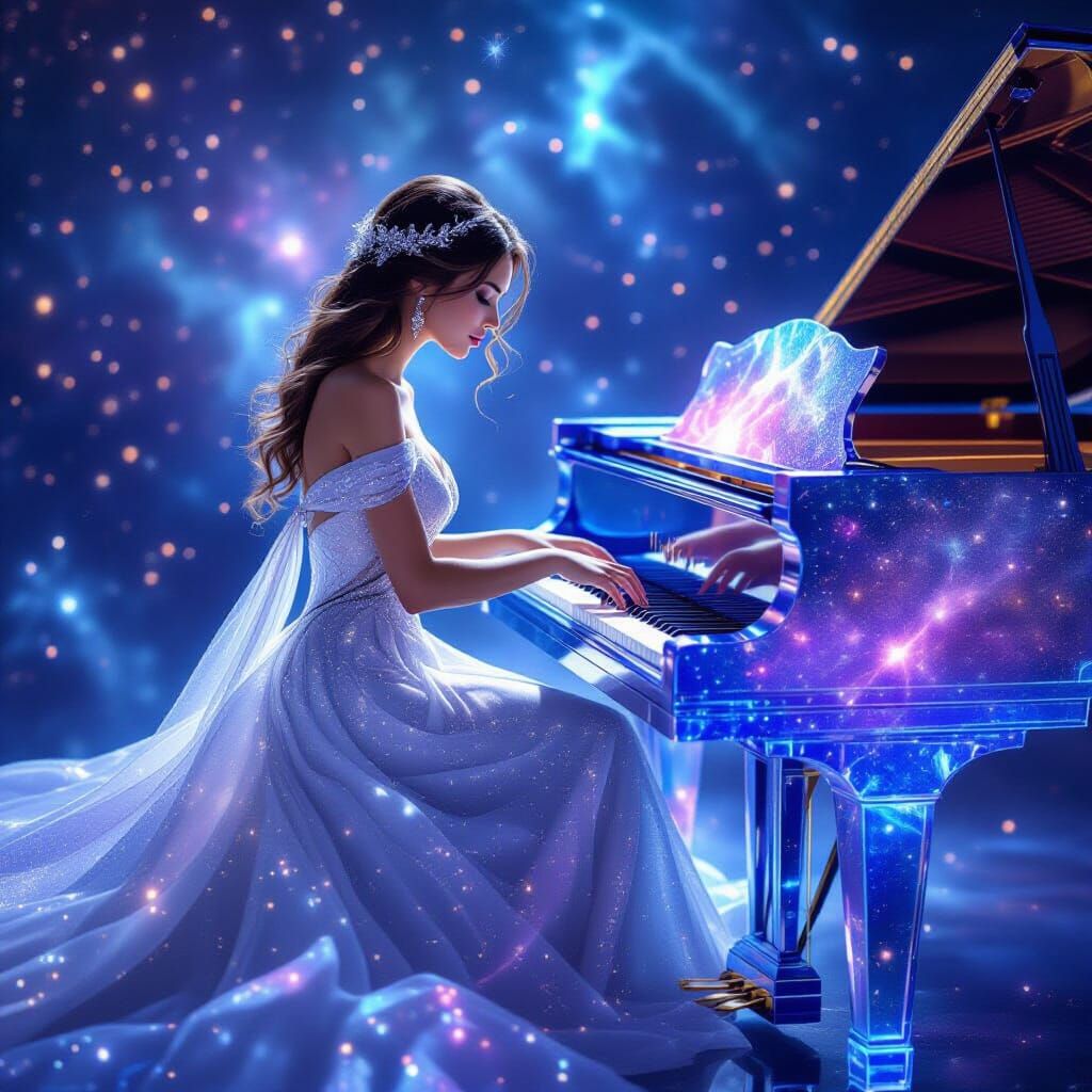 Elegant Woman Plays Piano in Starry Nebula