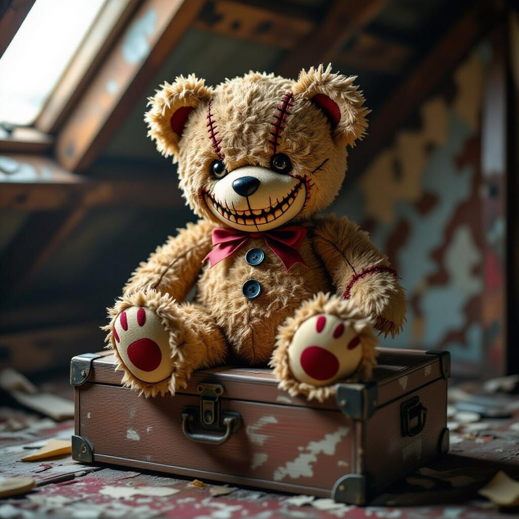 Creepy Teddy Bear with Missing Eye in Dusty Attic