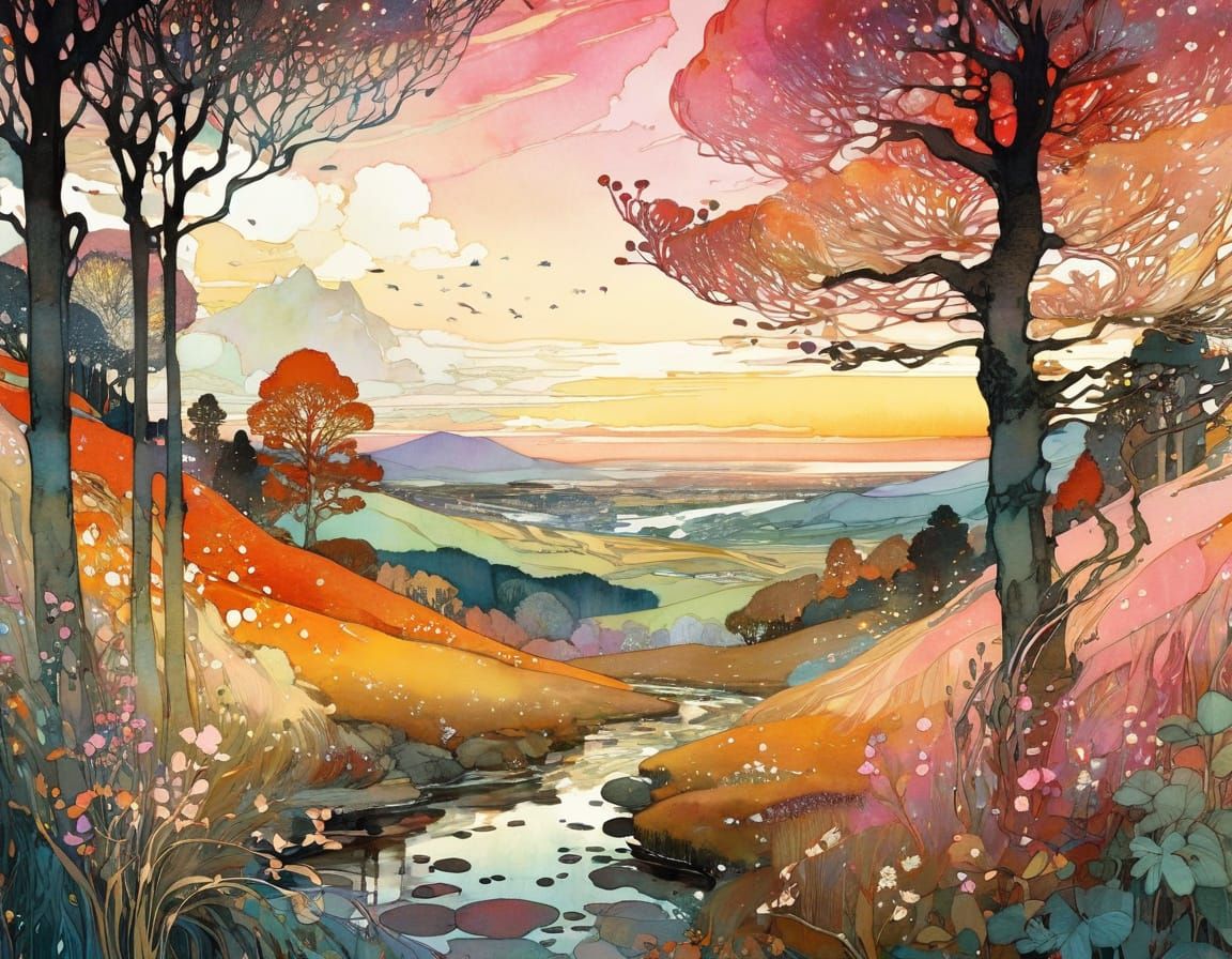 Ethereal Autumn Landscape in Vibrant Art Brut Style