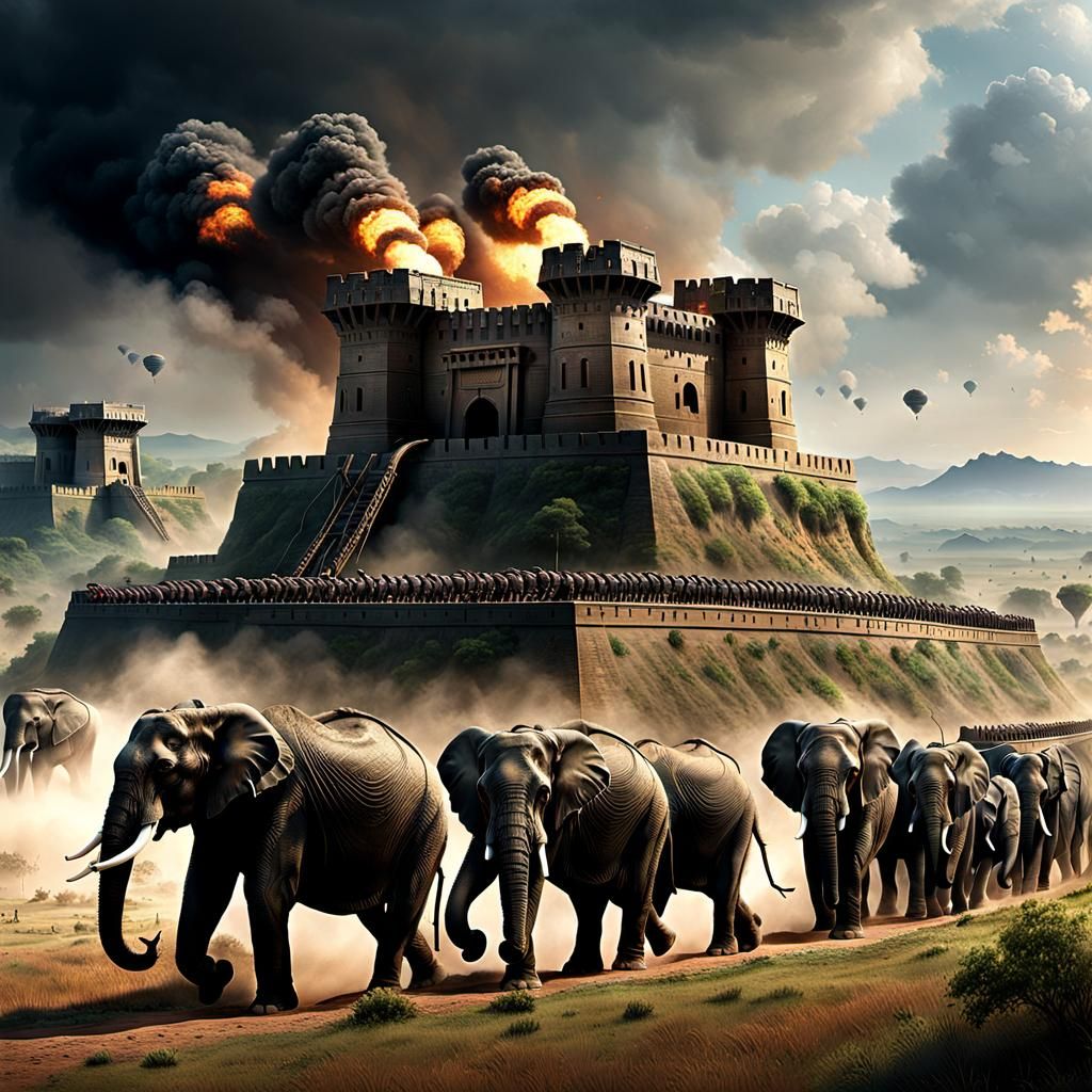 war elephants marching towards a battlefield