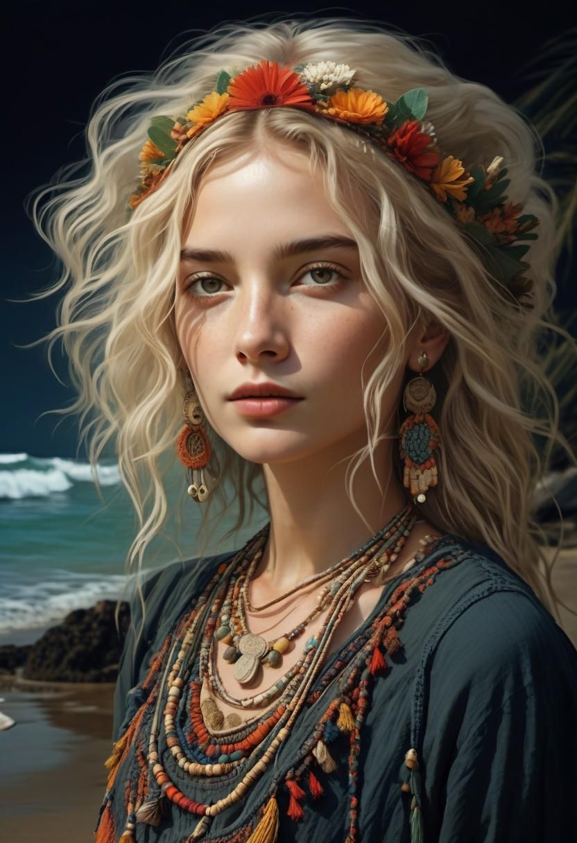 Bohemian Woman on Beach in Ethno-Chic Style