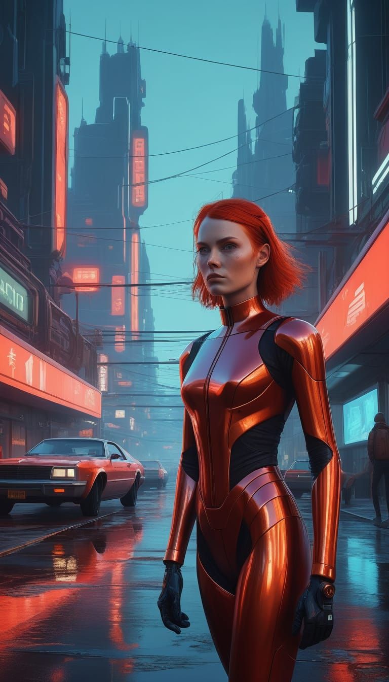 Vibrant Red-Haired Woman in Sci-Fi City