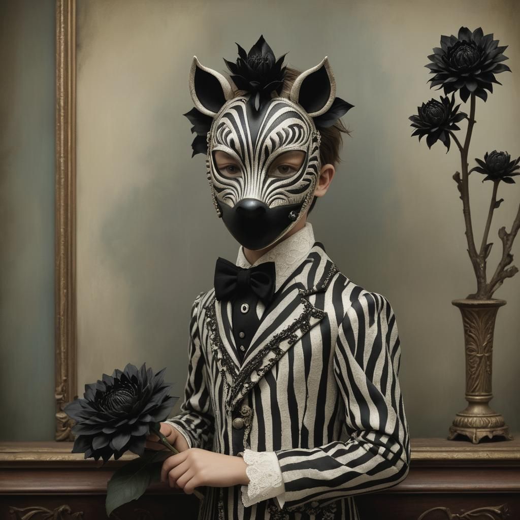 Boy in Zebra Mask with Dahlias, Gothic Art