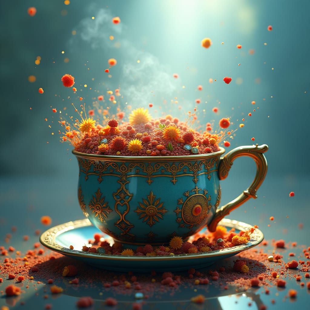 Fantasy Tea Cup Overflowing With Exotic Tea