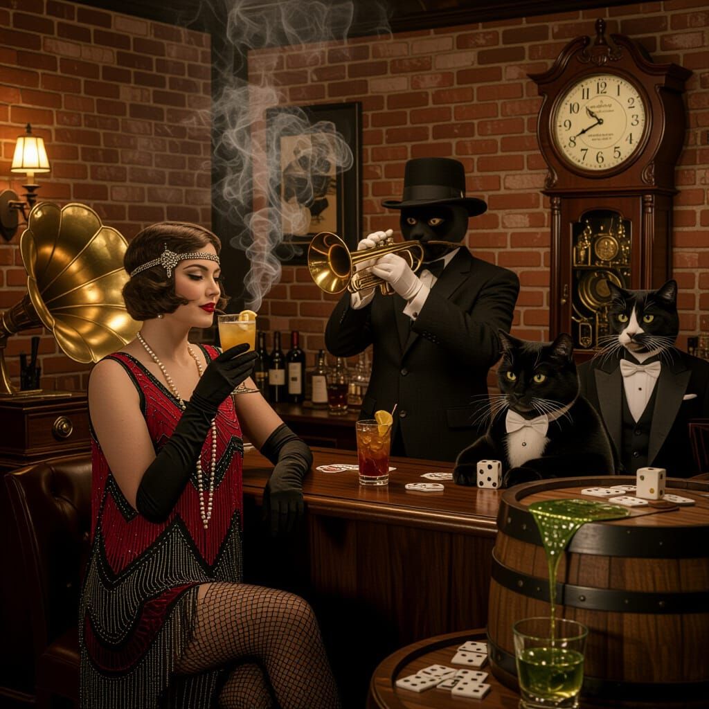 Surreal Speakeasy Scene with Gramophone Bartender as Neo-Imp...