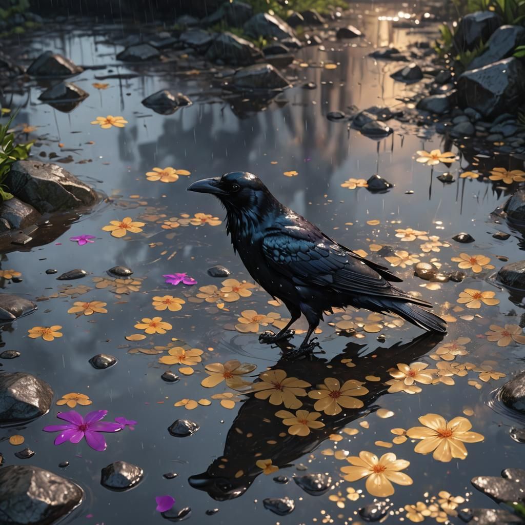 Crow in Rainy Jasmine Garden: Iridescent Ink Art