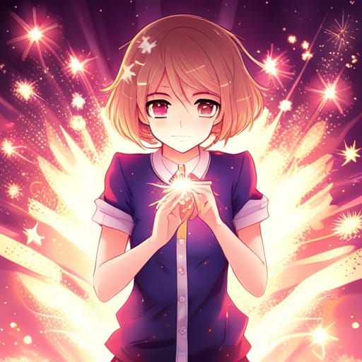 Anime Girl Surrounded by Fireworks and Stars