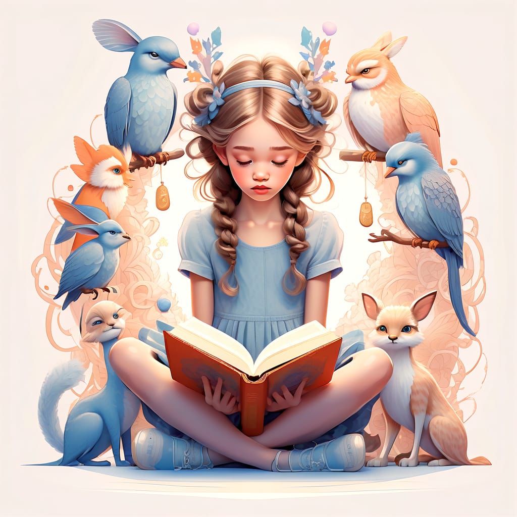 Girl Surrounded by Whimsical Book Characters in a Dreamy 3D ...