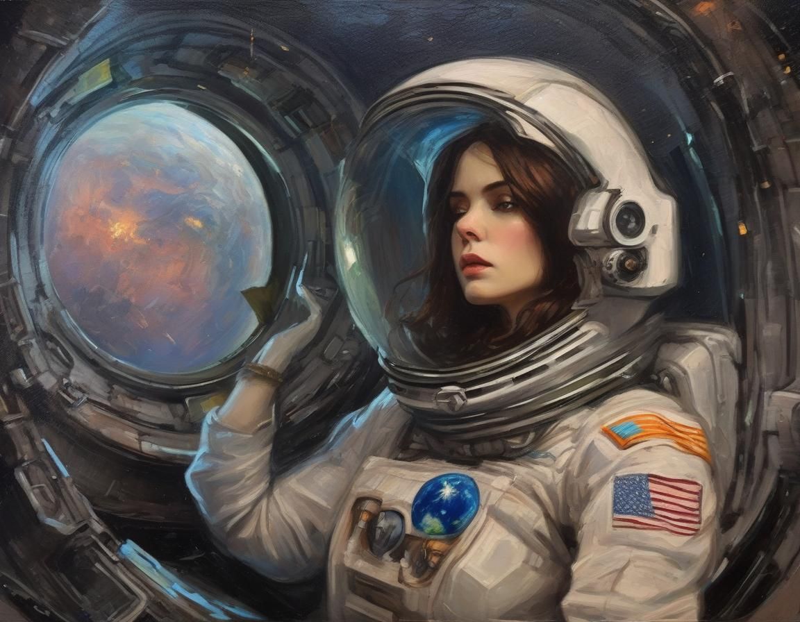 Android Woman in Space, Pre-Raphaelite Oil Painting