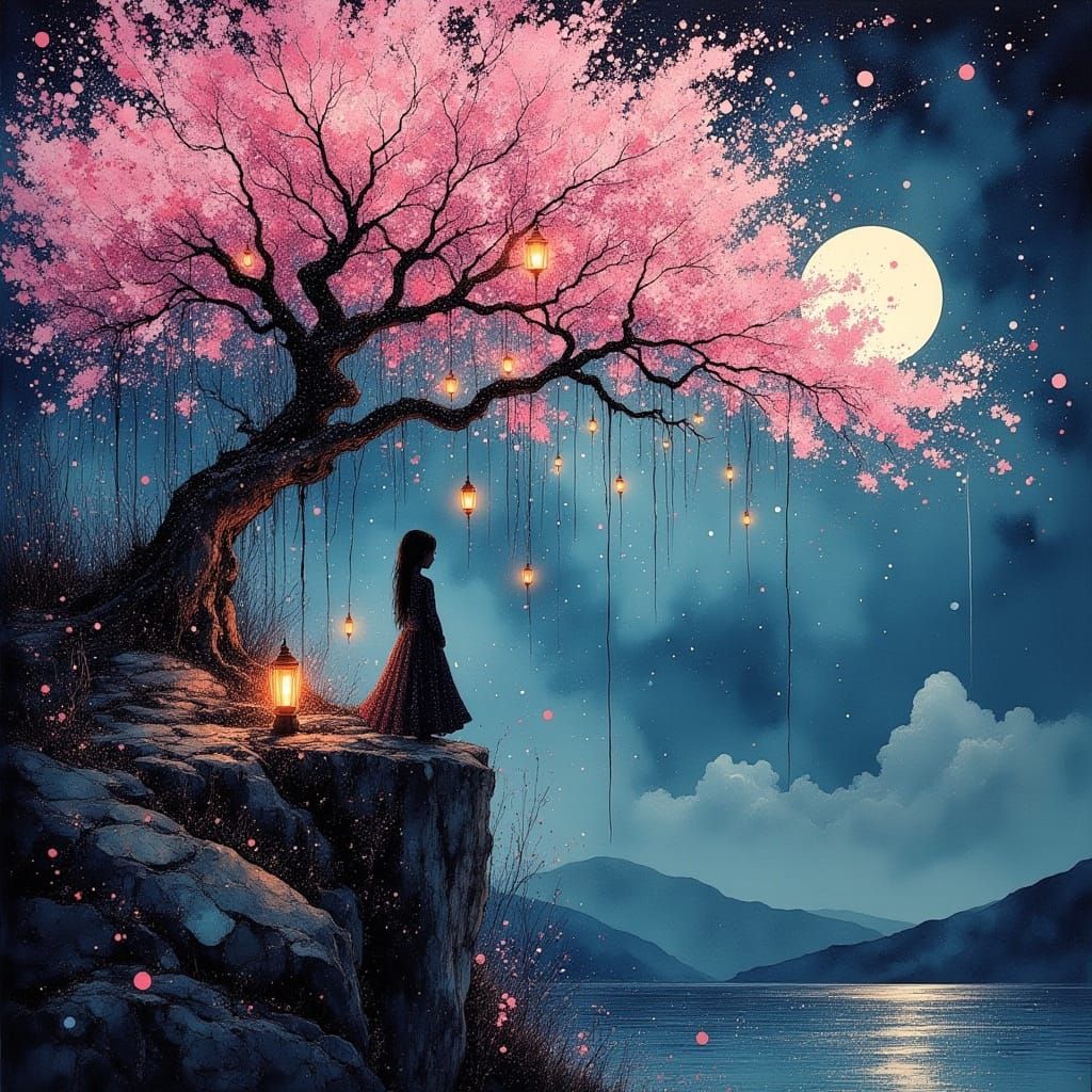 Ancient Cherry Blossom Tree Under Moonlight