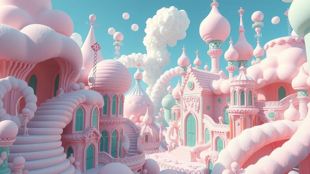 Dreamlike Marshmallow-Punk Landscape in Pastel Colors
