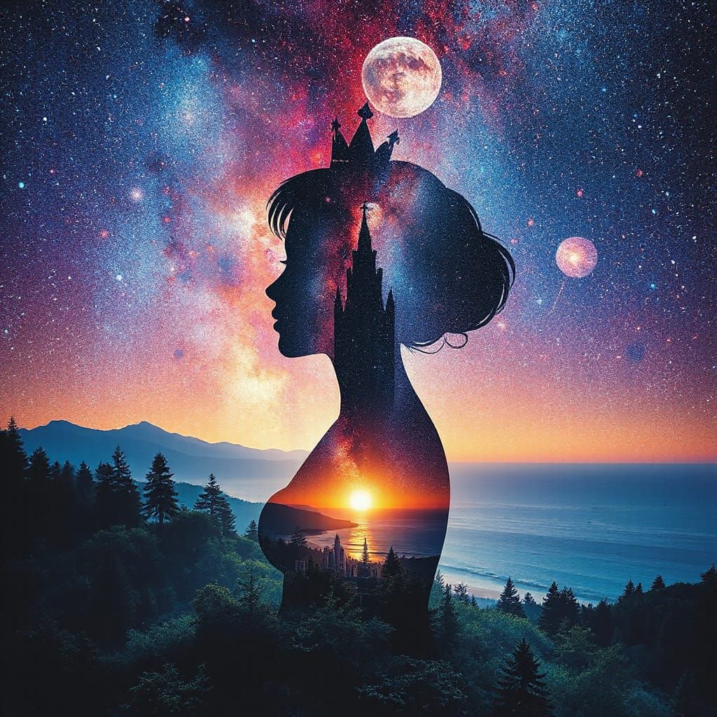Princess Silhouette in Double Exposure Galaxy Cityscape