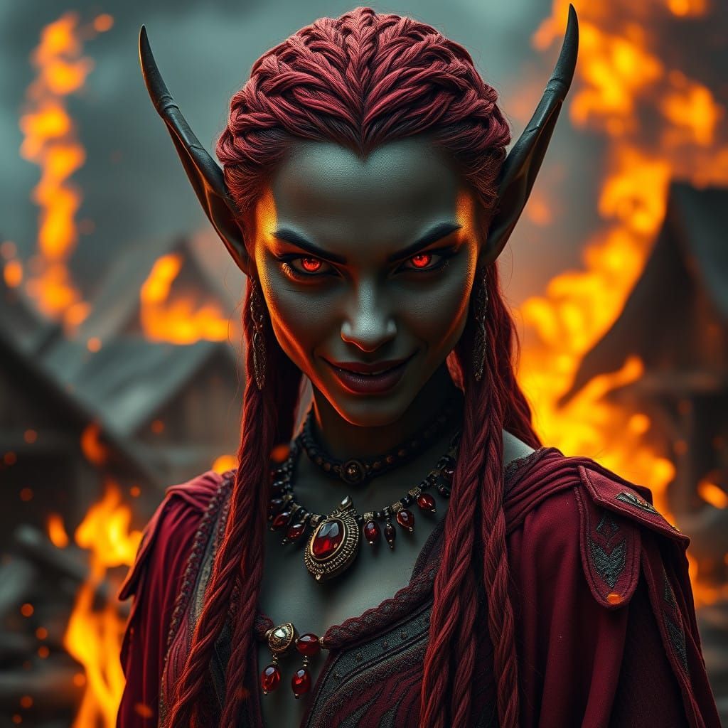 Dark Elf Goddess Amidst Fiery Ruins