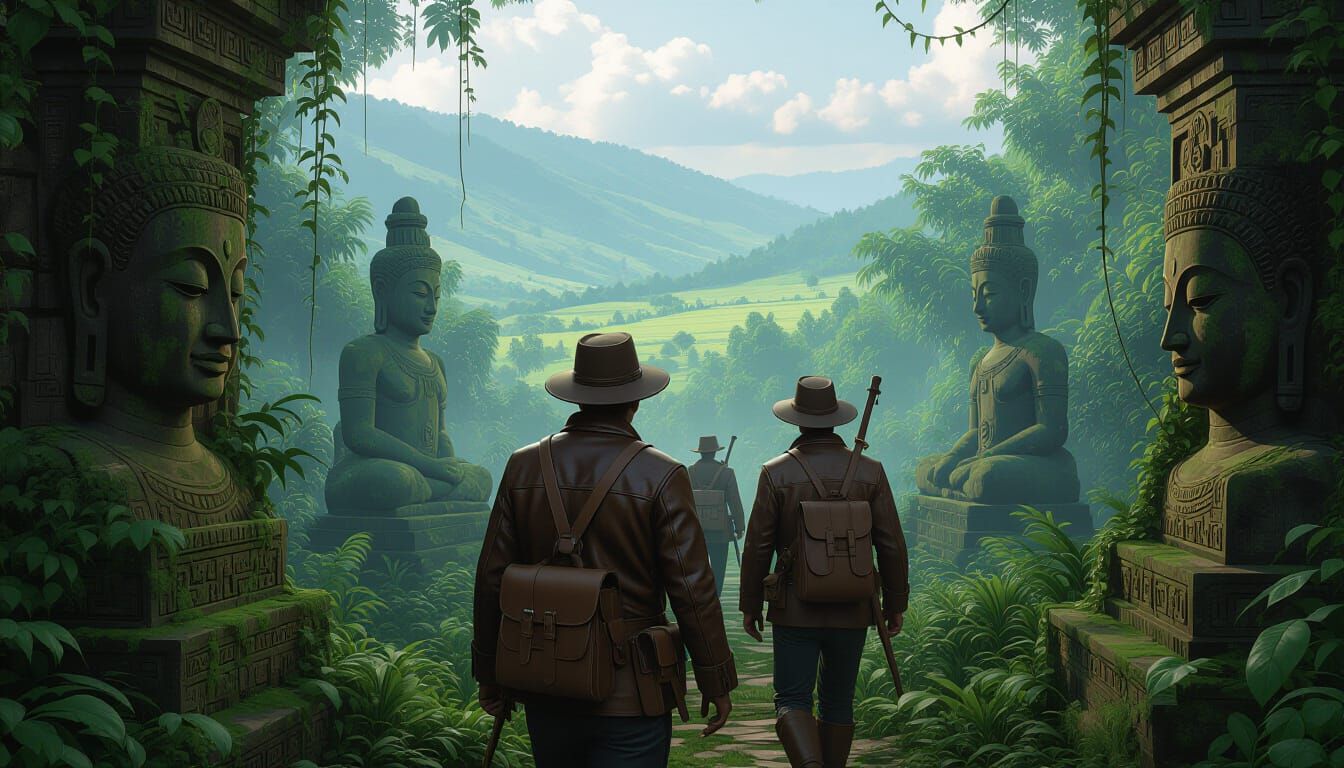 European Explorers Trek Through Misty Jungle