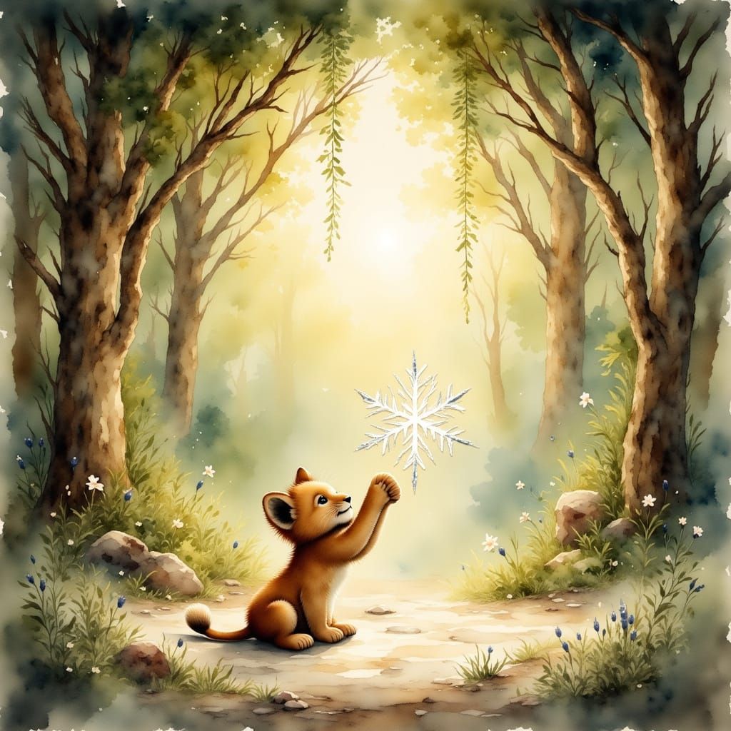 Lion Cub Plays With Glowing Snowflake in Enchanted Forest