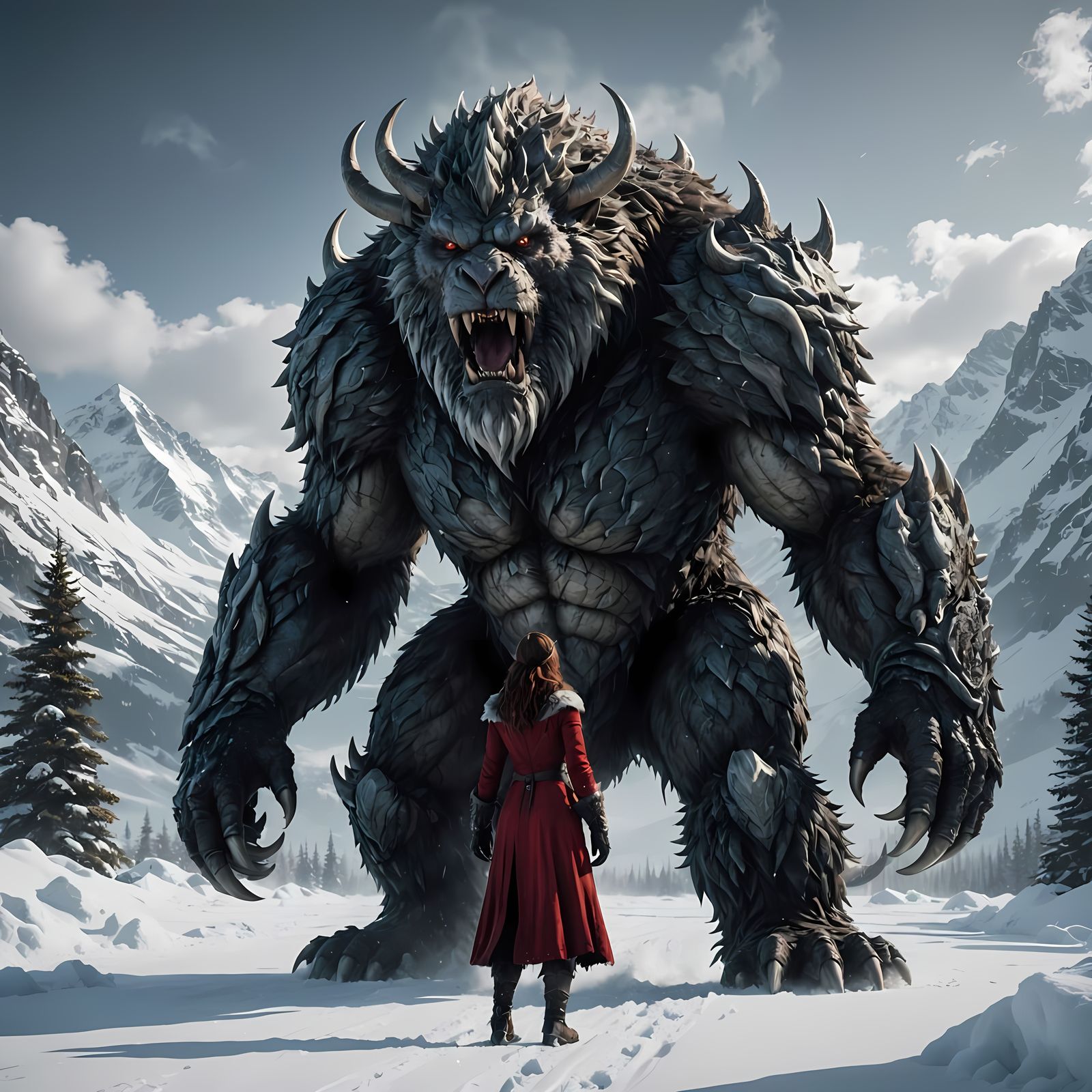 Snow Monster Meets Enchantress in Epic Fantasy Scene