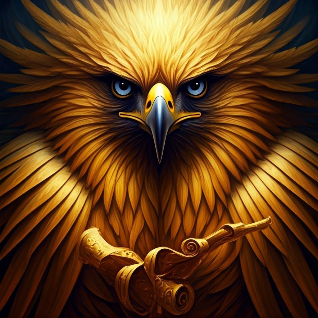 Regal Figure in Golden Eagle Head, Piercing Black Raven Eyes...