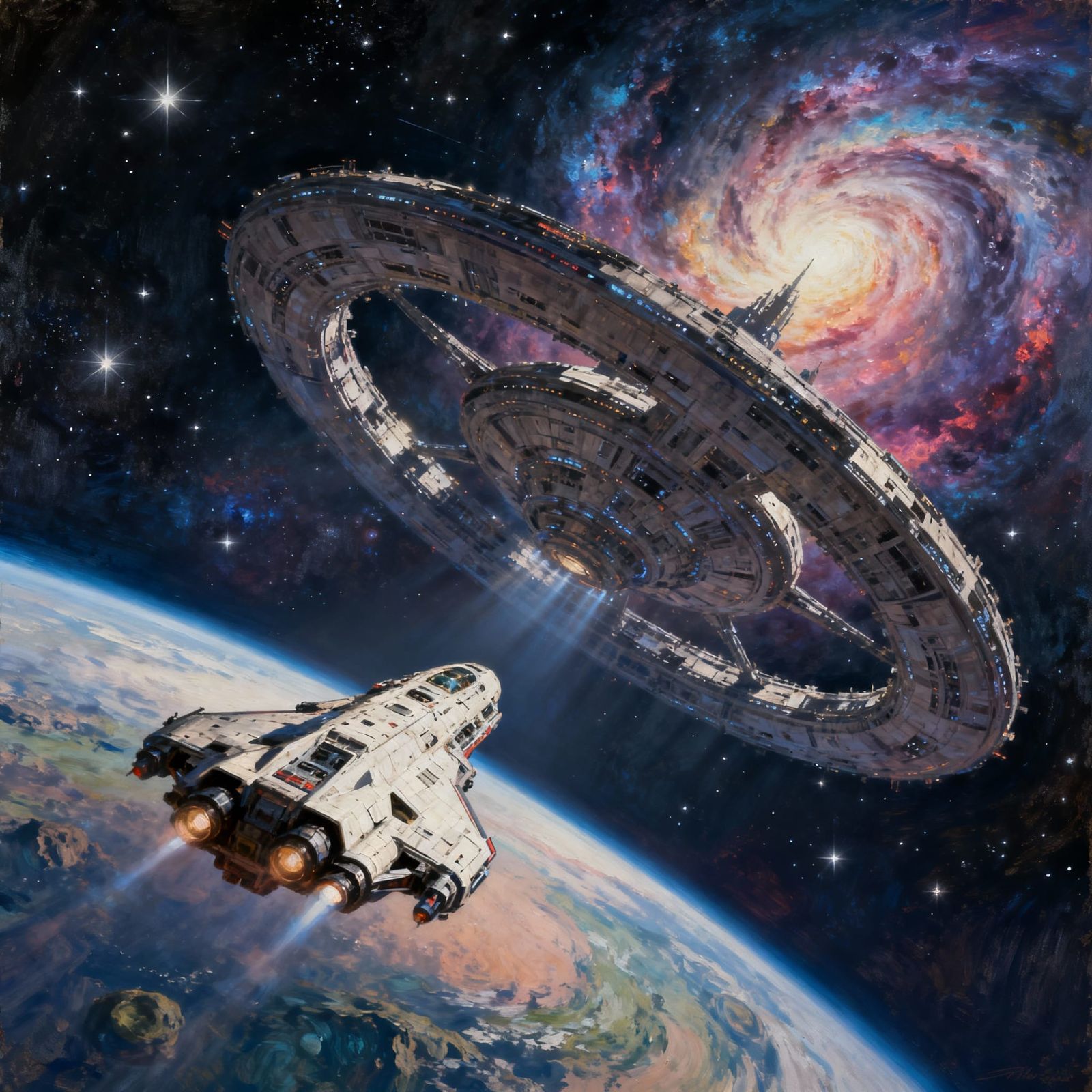 Futuristic Spacecraft Approaches Alien Station in Nebula