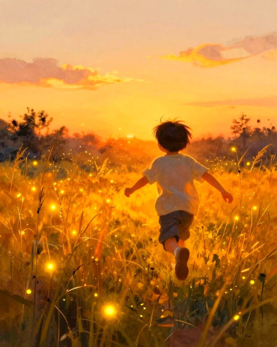 Child Chasing Fireflies in Magical Golden Hour Light