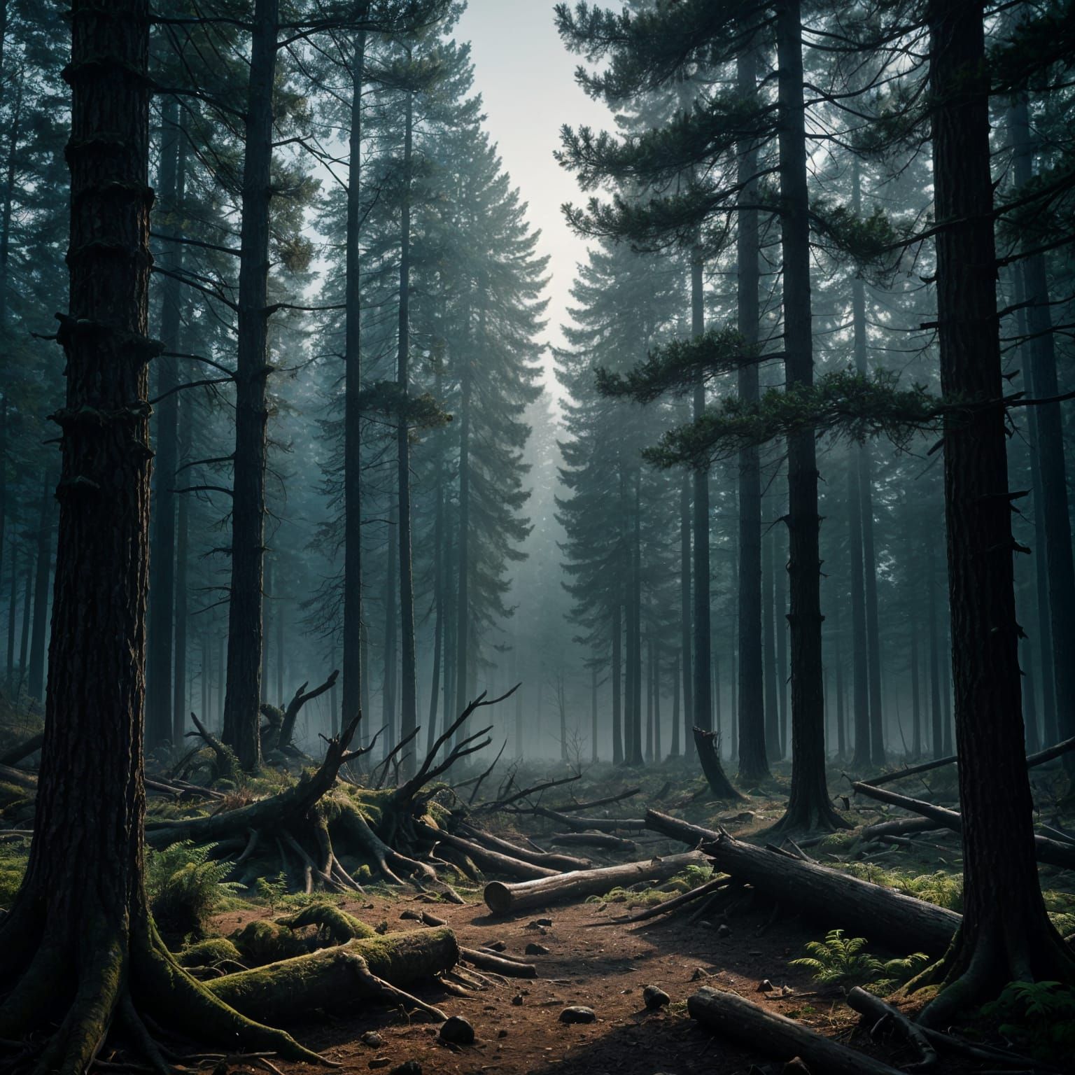 Misty Dark Pine Forest: Epic Digital Matte Painting